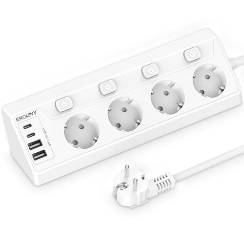 Ecksteckdose mit 2 USB C und 2 USB A, 4 Fach Steckdosenleiste Einzeln Schaltbar Mehrfachsteckdose Wandmontage 4000W 16A Mehrfachstecker Küche Steckerleiste, 2M Kabel 1,5mm² Weiß