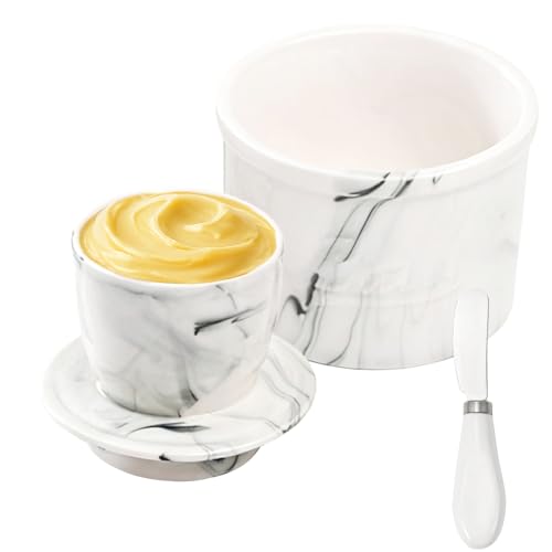 Burriera Ceramica, Burriera Francese con Coltello Burri, Burro in Ceramica con Coperchio, Burriera in Porcellana con Linea Acqua Raffreddato, Per Conservare Burro Fresco (Marmo Bianco Nero, 6 oz)
