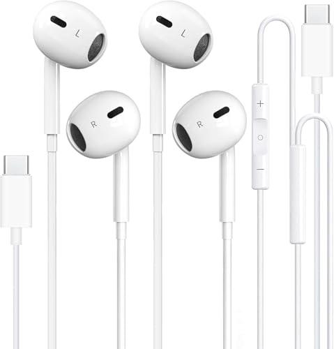 2 Pack Type C Headphones Wired for iPhone 15 16 17 Pro Max, USB C Earphones with Microphone & Remote Noise Cancelling Earbuds for iPhone 15 Pro Max, iPad