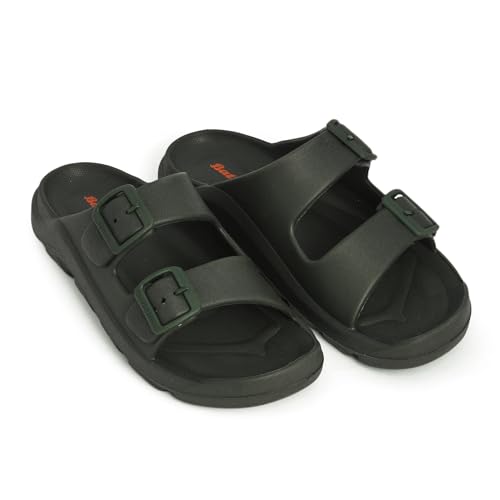Image of Bata Men's Double Strap Slide Sandals, Grey, EVA Material, Adjustable Buckle, Textured Footbed, Casual Comfort, Open Toe