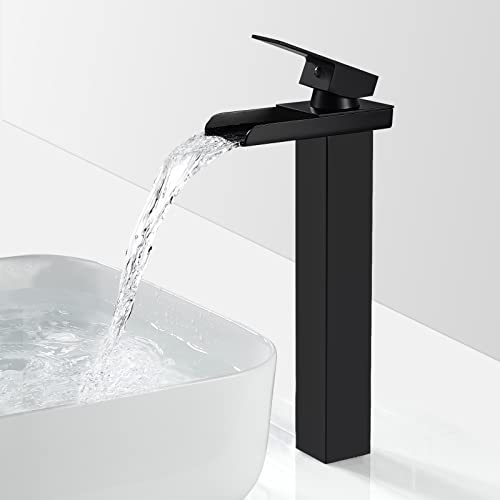 Robinet Salle Bain Cascade Noir Mat, Mitigeur Lavabo Cascade Haut, Moderne Robinet Lavabo avec bec Hauteur 210mm, Robinetterie Vasque à Poser Carré en Laiton, Eau...