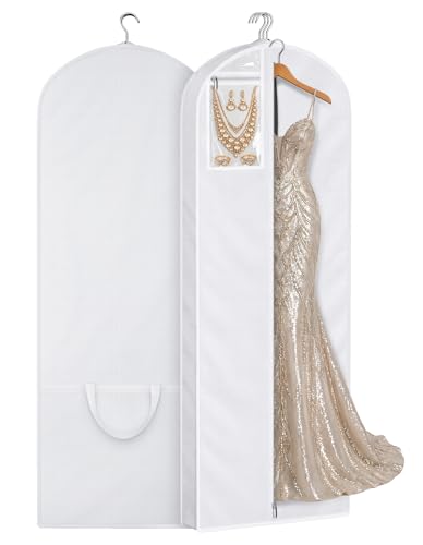 SLEEPING LAMB 70 Wedding Dress Garment Bag with Large PVC Pocket Long Dress Bag for Gowns for Closet Storage Hanging Clothes Cover with 4 Gusset White