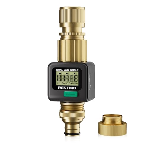 RESTMO Wasserdurchflussmesser mit Messing-EIN- und Auslassanschlüssen Messung in Gallone/Liter für Verbrauch & Durchflussrate ideal für Gartenbewässerung Sprinkler Gartenbrause