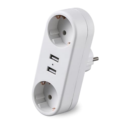 4 en 1 Ladron Enchufes Plano con USB, 4 en 1 Enchufe Multiples, Ladrón Enchufe con 3 Tomas Schuko y 2 USB, Ladrones para Enchufes 16A, Regleta Pared para Hogar, Oficina, Cocina