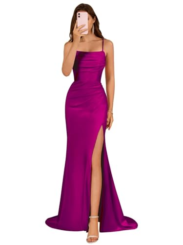 Image of Satin Bridesmaid Dress for Women 2025 Spaghetti Straps Mermaid Prom Dresses with Slit Evening Dresses KN003