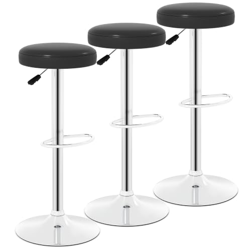 GIANTEX Bar Stools Set of 3, Adjustable Height PU Leather Bar Chair with Swivel Padded Seat, Footrest & Anti-Slip Base, Modern Backless Barstools for Kitchen, Pub Dining Room, Breakfast, Black