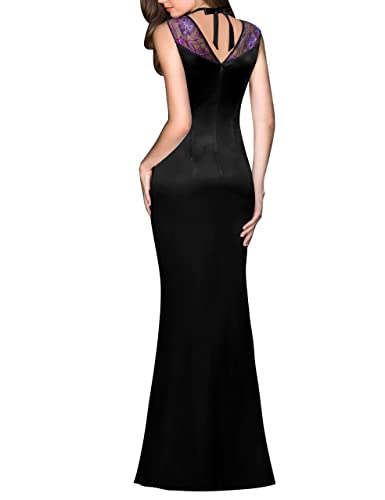 Vfshow Womens Purple Floral Embroidery Mesh Black Satin V Halter Neck Zipper Slit Formal Evening Gown Wedding Maxi Dress 10166 Blk Xl #TOP1