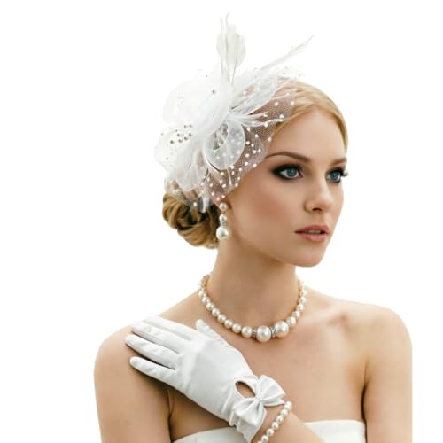 Image of DRESHOW Fascinators Hats for Women Tea Party Gloves Set Tulle Fascinators Vintage Derby Headwear and Short Lace Gloves for Cocktail Wedding Church