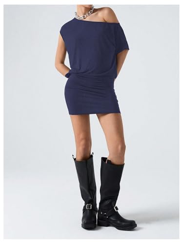 Image of SOLY HUX Women's Off The Shoulder Mini Dress Going Out Asymmetrical Neck Short Sleeve Casual Bodycon T Shirt Dresses