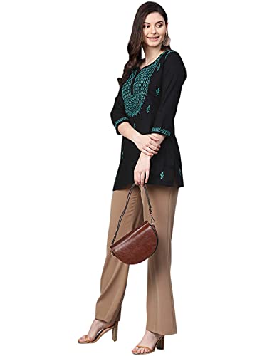 Image of Ada Women's Cotton Regular Fit Tunic Hand Embroidered Lucknow Chikankari Short Top Kurti A100554