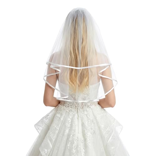 Josojoou Schleier Braut Zweilagig Kurzer Weißer Brautschleier Mit Kamm Kurz Bridal Tüll Softtüll Schleier Ribbon Edge Bräute Schleiers Für Jga Hochzeiten Brautkleid Brautpartys Kommunionen