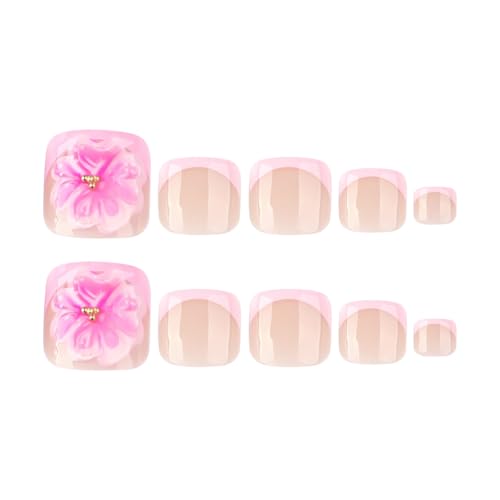 Image of Pink 3D Flower Press on Toenails Short Square Fake Toe Nails with Floral Design Glossy Full Cover Pink French Tip Stick on Toenails for Women Spring Manicure 24Pcs