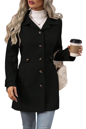Image of yoeasy Womens Pea Coat Notched Lapel Collar Single Breasted Winter Trendy Casual Overcoat Wool Blend Pea Coats (Medium, Black)