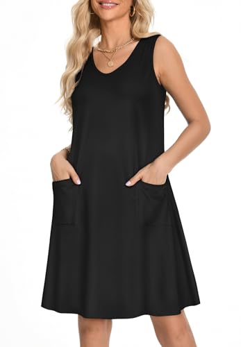 Image of elescat Womens Summer Dresses Casual V Neck Sleeveless Pockets Beach Loose Tank Sundress 2026