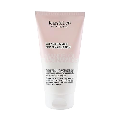 Jean & Len leche limpiadora sin perfume aceite de almendras y niacinamida, limpieza especialmente suave, para pieles sensibles, elimina restos de maquillaje y partículas de suciedad, 150 ml