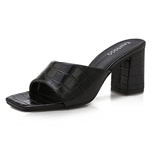CAMSSOO Women's Square Open Toe Heeled Mules Flip Flops Chunky Heels Slip On Sandals Block High Heel Fashion Wedding Dress Shoes