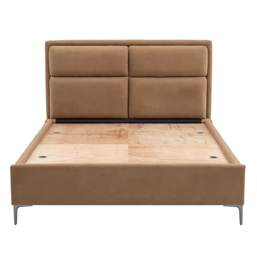 Image of Wakefit Bed | Queen (78 X 60) Solid Wood Bed, Upholstered, Without Storage, 3 Year Warranty - Zewail - Napoli Tan