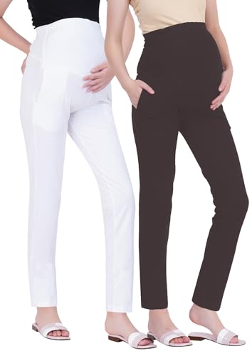 Image of Women's Maternity Leggings with Pockets - Comfortable, High Waist Support and Stretchable Pants for Pregnancy - Pack of 2