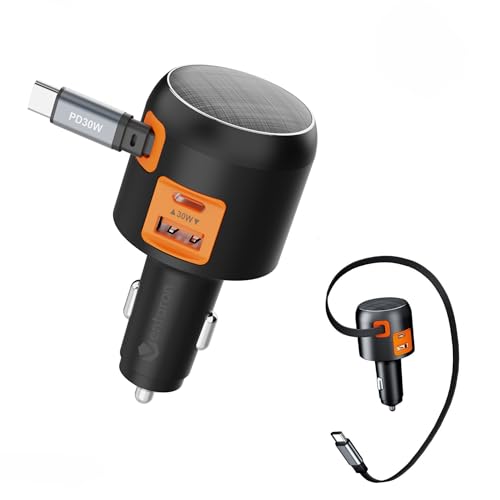 Image of 60W Retractable Car Charger, 3-Port USB-C Car Charger Adapter with Built-In Retractable Cable, Fast Charging Cigarette Lighter Adapter for iPhone 17 /16 /15, Galaxy S26 /S25, Pixel, iPad(Orange)