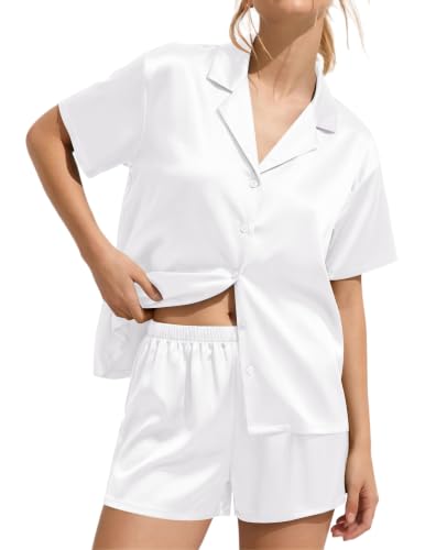 Image of Ekouaer Womens Satin Pajama Set Short Sleeve Sleepwear Button Down Pjs