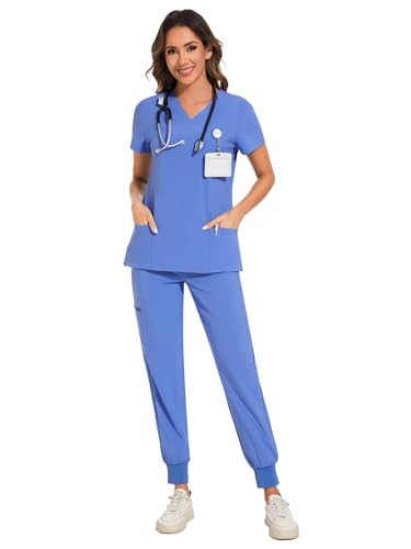 COZYFIT Scrubs for Women Set - Stretch V-Neck Scrub Top & Jogger Pant with 8 Pockets Yoga Waistband Anti Wrinkle Slim Fit Women Scrubs - Ceil Blue M