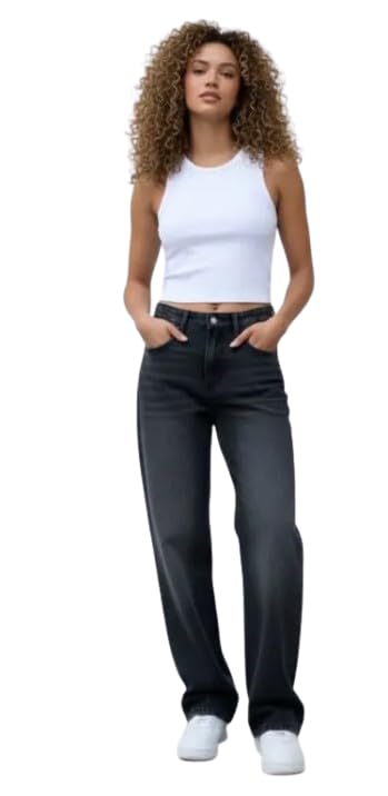 Image of Women's High Waist Baggy Wide Leg Jeans for Women - Loose Fit Washed Black Denim Pants with Straight Palazzo Style, Relaxed Streetwear Korean Trousers