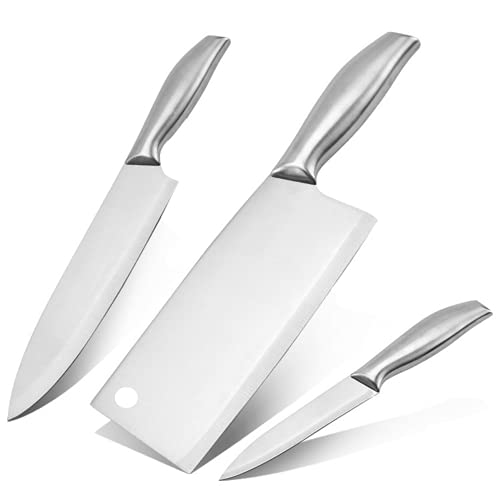 NAIDEV 3 PCs Chef’s Knives Set Meat Cleaver, Santoku Knife, Fruit Paring Knife丨Full-Tang Knives Set丨Stainless Steel Blade and Comfortable Handle Cutting Meat Vegetable Fruit for Home