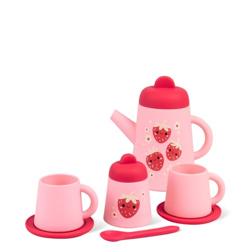 Tiger Tribe: Silicone Tea Set - Strawberry Patch - 9 Piece Kids Playset, Teapot, Saucers & More, Pretend Play Toy, Kids & Toddler Ages 1+