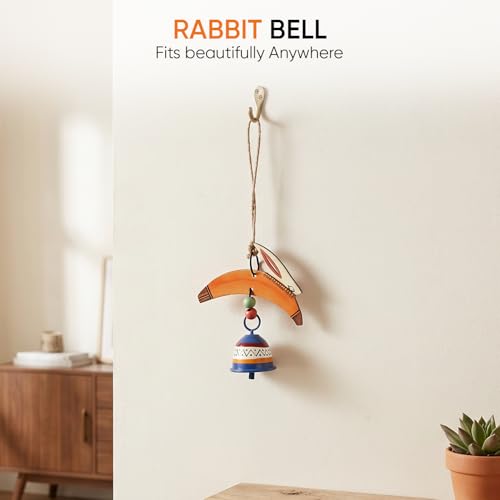 Image of Aakriti Art Creations Rabbit Wind Chime with Metal Bell | Modern Art Handmade Wooden & Metal Wind Chime in Orange | Matte Decorative Wind Chimes for Balcony, Garden & Home, Living Room & Gifting
