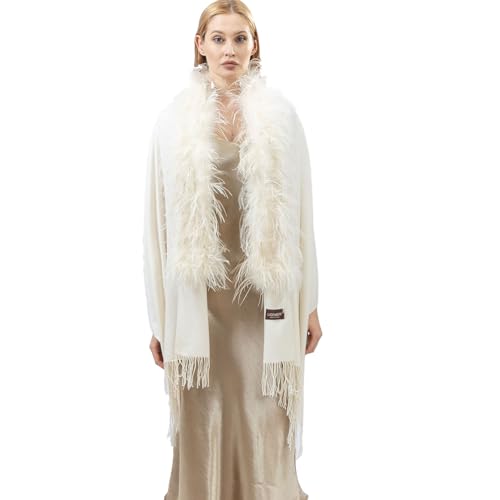 LVCOMEFF Women Shawl Wrap With Ostrich Feather Collar Front with Tassels Luxurious For Party Birthday