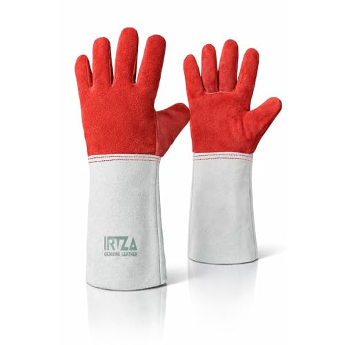 Heat Resistant Welding Gloves - Industrial MENS Standard Welding Gauntlet Size Large Heavy Duty Leather MIG TIG Welder Gauntlets BBQ Oven Fireplace Long Cuff Protective Work Gloves (Red&White)