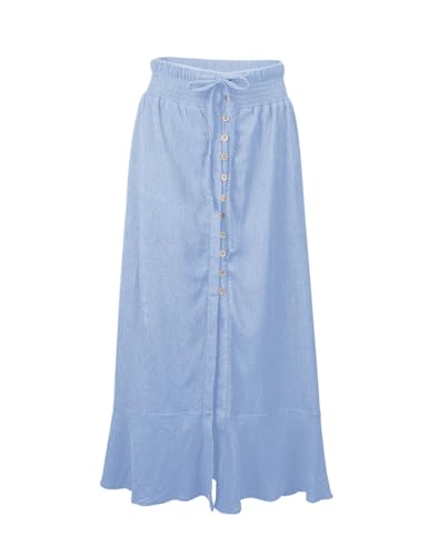 Image of Minclouse Women's Elastic Tie Waist Button Down Maxi Skirts Casual Loose Flowy Swing Slit Front Dress