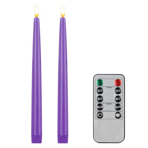 Image of CVHOMEDECO. Flameless Taper Candles with 10-Key Remote, Battery Operated Led Flickering 3D Wick Window Candles Real Wax Finished Home Christmas Party Decor 0.78 x 11 Inch, Pack of 2, Purple