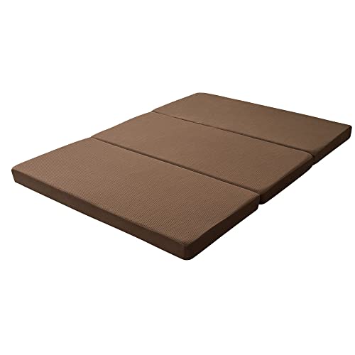 リコメン堂 マットレス 折りたたみ 高反発 セミシングル 3つ折り 厚さ10cm 炭入り リバーシブル 体圧分散 通気 洗える メッシュ生地 三つ折り 高密度 190N ごろ寝 敷布団 折り畳み 高反発マットレス (ブラウン×凹凸三つ折)