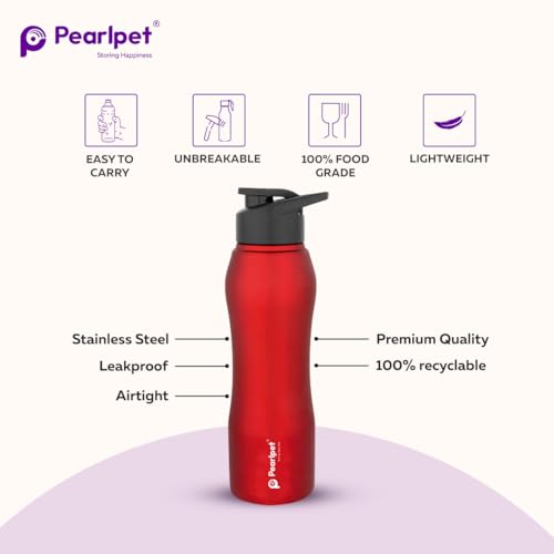 Image of PEARLPET Sportskool Slim Stainless Steel Single Wall Water Bottle 750ml | Leakproof, Durable, Reusable | For Gym, School, Office, Fridge Use | Pack of 1 (Red)