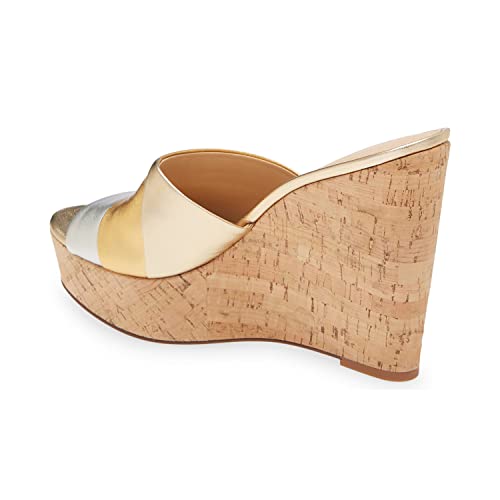 FOWT Beach Platform Two Tone Stripes Patchwork Shallow Wedge Sandals for Woman Chic Shiny Leather Cork Heel Gold Pumps Comfort Slip on 3 inches Daily Casual Travel Shoes, US Size 4-16 M3
