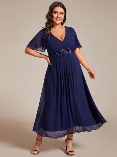 Ever-Pretty Women's V Neck Pleated Chiffon Applique Ruffles Sleeves Maxi Plus Size Formal Wedding Guest Dresses4