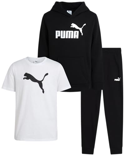 PUMA Boys Sweatpants Set - 3 Piece Fleece Pullover Hoodie Boys TShirt and Jogger Pants Youth Kids Activewear Set (8-16)