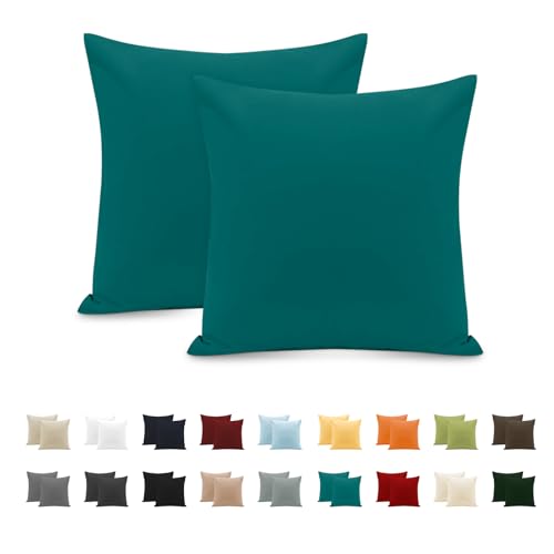 Taie Oreiller 100% Coton 65x65 cm 2 PCS, Taie d'oreiller Rectangulaire Puro Coton Jersey 120GSM - Housse de Coussin Résistant et Hypoallergénique Turquoise