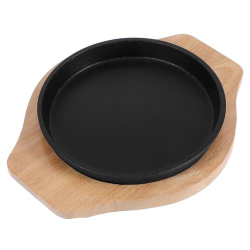 LIFKOME Parrilla de hierro para carne: plancha redonda para barbacoa, ideal para uso doméstico y en restaurantes - Sartén para fajitas con base de madera