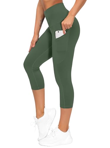 Image of THE GYM PEOPLE Thick High Waist Capris Yoga Pants with Pockets, Tummy Control Workout Running Yoga Leggings for Women
