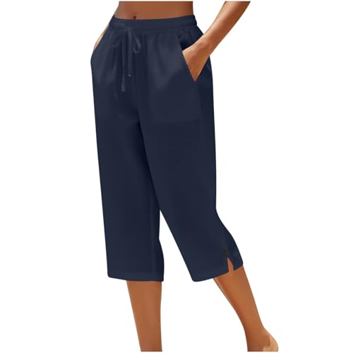 Ladies Cropped Trousers - Capri Pants for Women UK Petite Comfy Summer Three Quarter Length Trousers Stretchy Drawstring Waist Straight Leg Lounge Yoga Beach Capris Pants with Pockets Navy