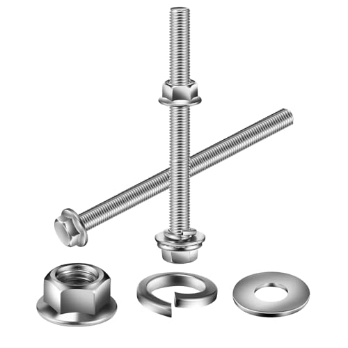 M10 x 50mm Flanged Hex Head Bolts, Nuts, Flat &amp; Lock Washers, 20Pcs 18-8 (304) Stainless Steel, Fully Threaded, by SG TZH