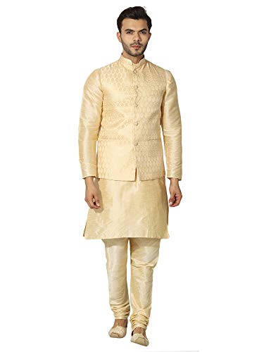 Image of Uri and MacKenzie Men's Silk Blend Regular Kurta Churidar Pyjama with Bundi Nehru Jacket /Waistcoat