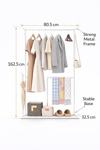 Image of Raawan Heavy Duty Double Rod Clothes Rack with Side Storage Shelves | Metal Garment Stand Organizer | Space Saving Cloth Hanger Stand for Bedroom, Living Room & PG (1 LAYER SM WHITE)