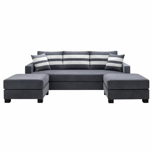 Image of Kassian 5 Seater L Shape Sofa Set with 2 Movable Ottomans | Flexible Layout | Rich Velvet Suede Fabric | Silver Legs | Modern Sofa for Living Room (Dark Grey)