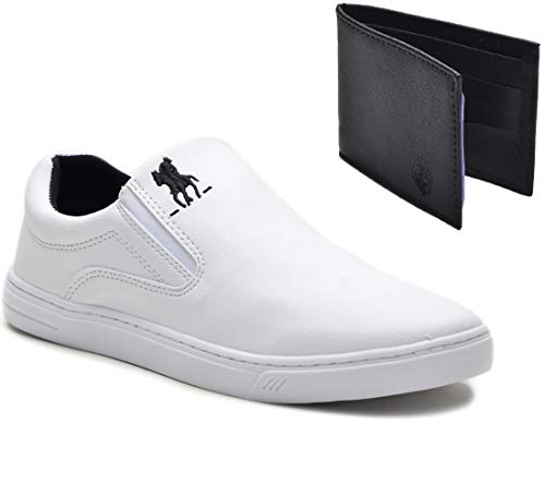 Tênis Slip On Casual Polo Masculino Extra Macio + Carteira Cor:Branco;Tamanho:45