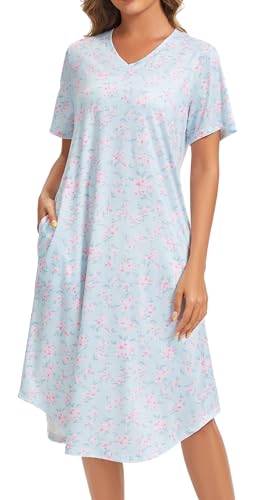 Image of Kabento Nightgowns for Women Cotton Short Sleeve Long Night Gowns with Pockets