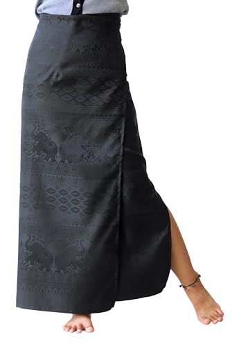 RaanPahMuang Authentic Thai Silk Wrap Skirt Waist Ties Leg Slit Traditional Art