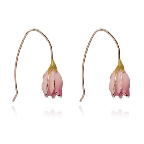 Vintage Pink Tulip Flower Earrings Tiny Dainty Rose Floret Bud Drop Dangle for Women Temperament Daily Jewelry
